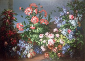 Bloemen, fruit met een Aap en een Papegaai